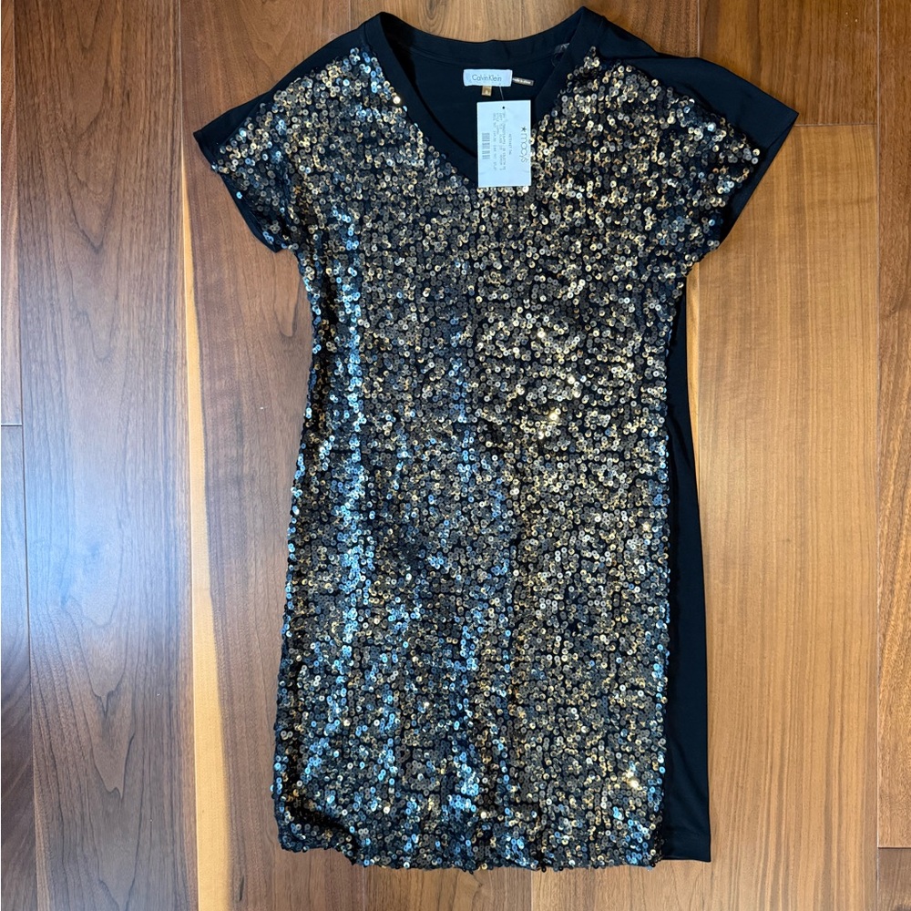 Calvin Klein Black Top with Gold Sequin Accents